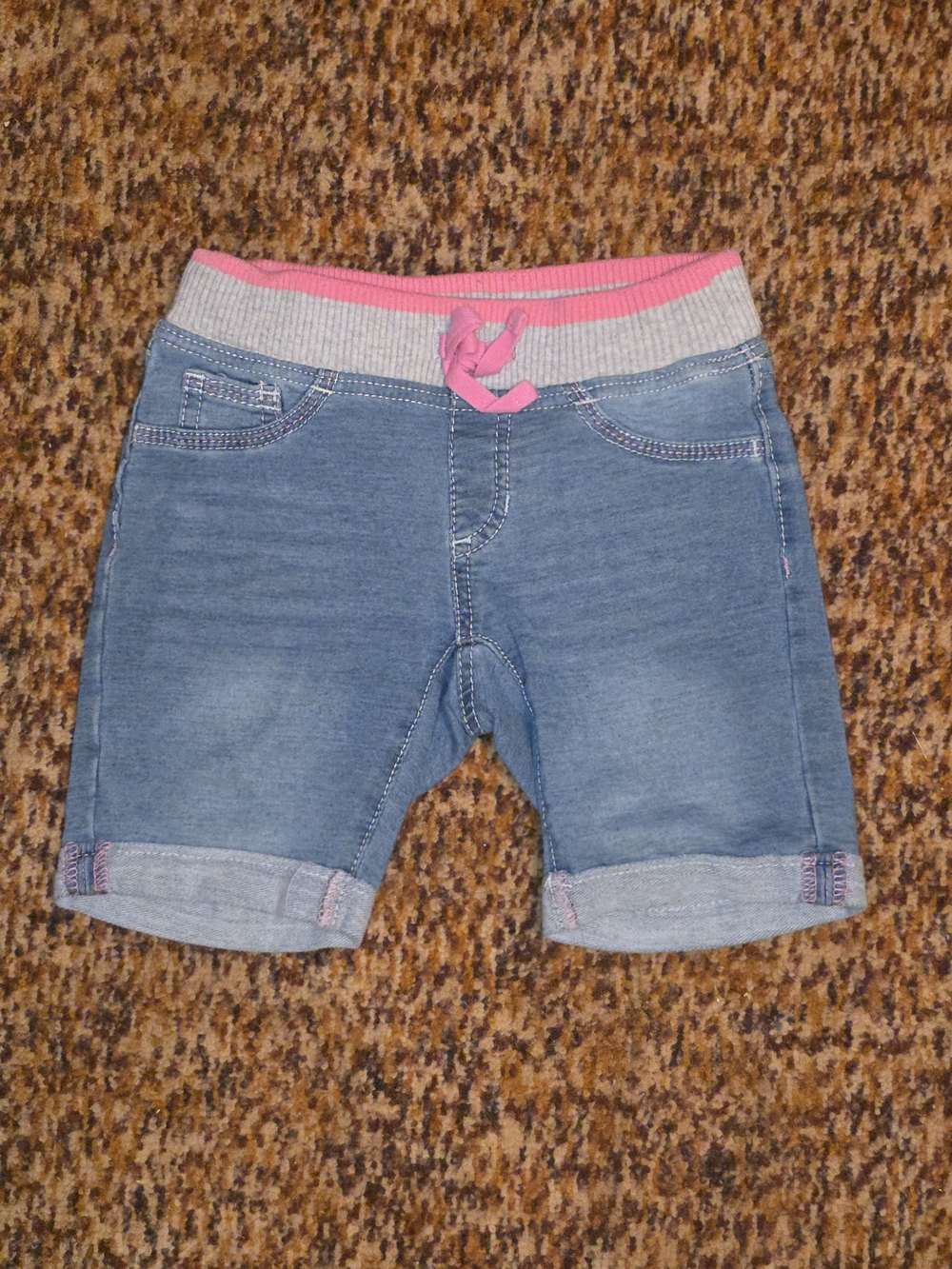 Arizona Jean Company Blue Knit Denim-Style Shorts with Pink Trim
